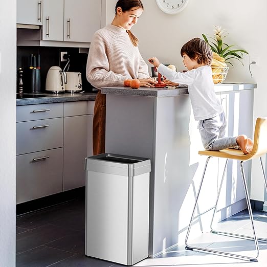 iTouchless 18 Gallon Rectangular Open Top Trash Can and Recycle Bin with AbsorbX Odor Control System Ultra Space-Saving Large Capacity Commercial Grade for Home, Office, Garage, Stainless Steel