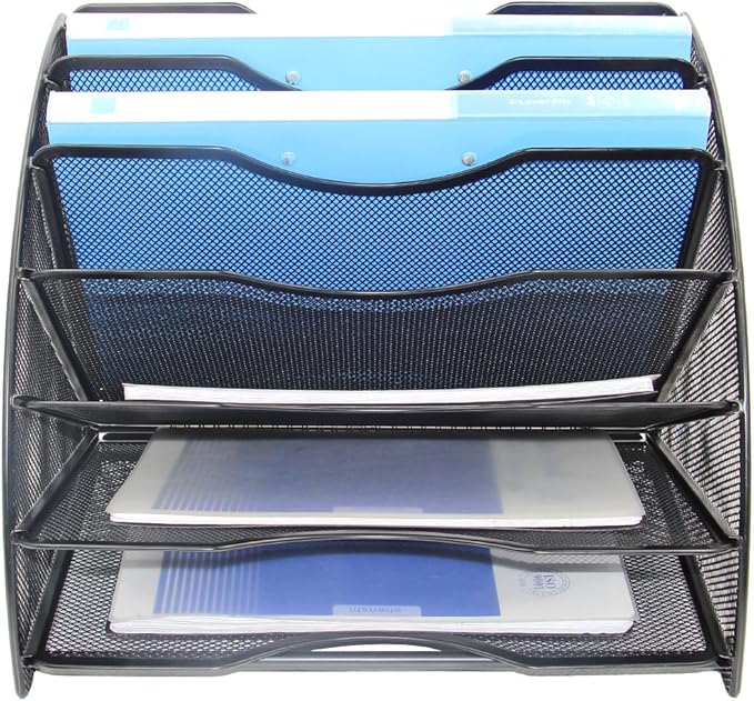 EasyPAG Desk File Organizer, 6-Section Vertical File Folder Holder Stand, Fan-Shaped Metal Rack File Sorter for Office Classroom Desktop Organization, Black