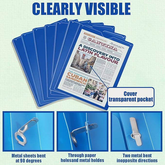 Pastel Plastic File Folders with Pockets and Prongs, 7 Pack, A4 Letter Size, Heavy Duty Waterproof Office Folders with Clear Front Cover for School, Home, and Office (Bright Blue)