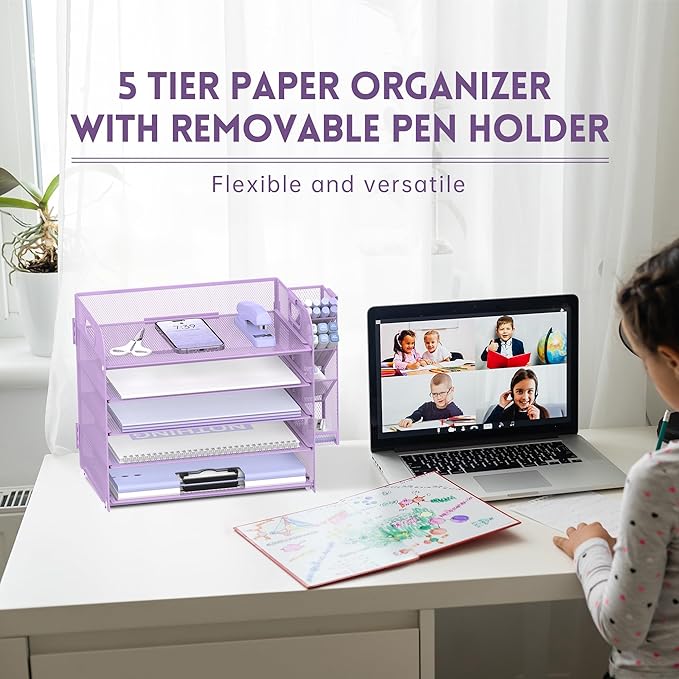 SUPEASY 5 Tier Desk Organizer with Handle & Removable Pen Holders, Mesh Paper/File Organizer for Desk, Paper Letter Tray Organizer for Office Supplies (Purple)