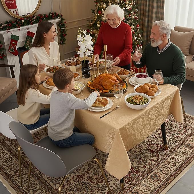 Romanvicky Christmas Jacquard Tablecloth Gold Flower Pattern Rectangle Table Cloth Spill Proof Wrinkle Resistant Polyester Table Cover for Party, Dining, Thanksgiving Decoration, 52 x 70 Inch