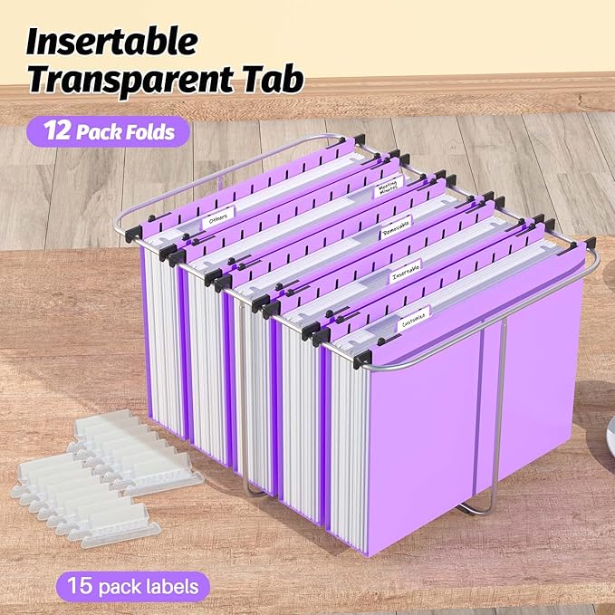 Extra Capacity Plastic Hanging File Folders,12 Pack Reinforced Hang Folders,Heavy Duty 2 Inch Expansion,Plastic Filing Cabinet Folders,Letter Size,Designed for Bulk Files, Medical Charts,Purple
