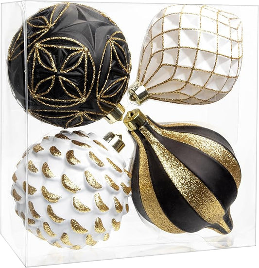 Hollyone 4.7 Inch Large Black and White and Gold Christmas Ornaments 4Pcs Balls Shatterproof Christmas Hanging Ornaments for Xmas Tree Decor Wedding Party Wreath Home Decor (Black & Gold, 120mm)
