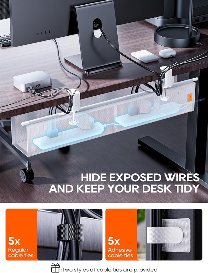 Under Desk Cable Management Tray No Drill, Cable Ties Included, Eco-Friendly Canvas Material, Mesh Design for Heat Dissipation, Cable Organizer/Storage for Standing Desk(27inch, White)