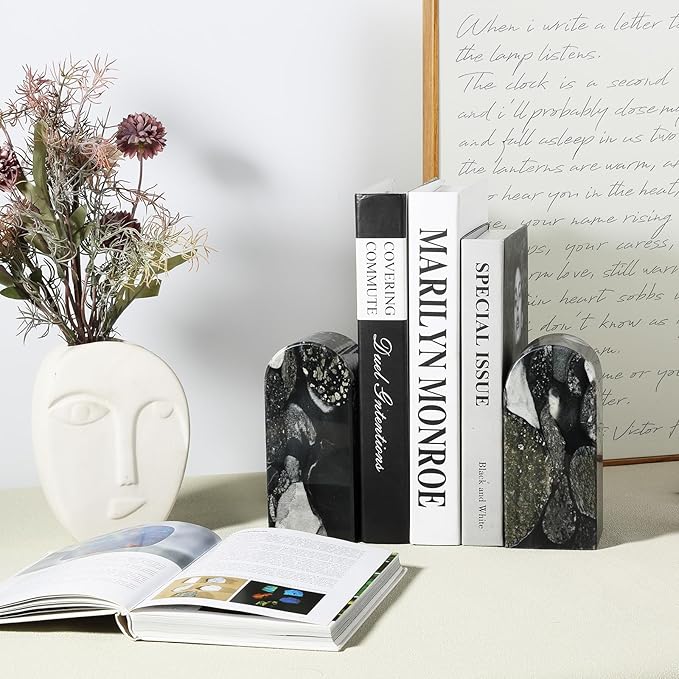 Koville Luxury Marble Bookends for Shelves, Decorative Stone Book Ends, 7lbs Heavy-Duty Marble Book Holders, Bookshelf Apartment Decor for Normal Books/CD/Video Games