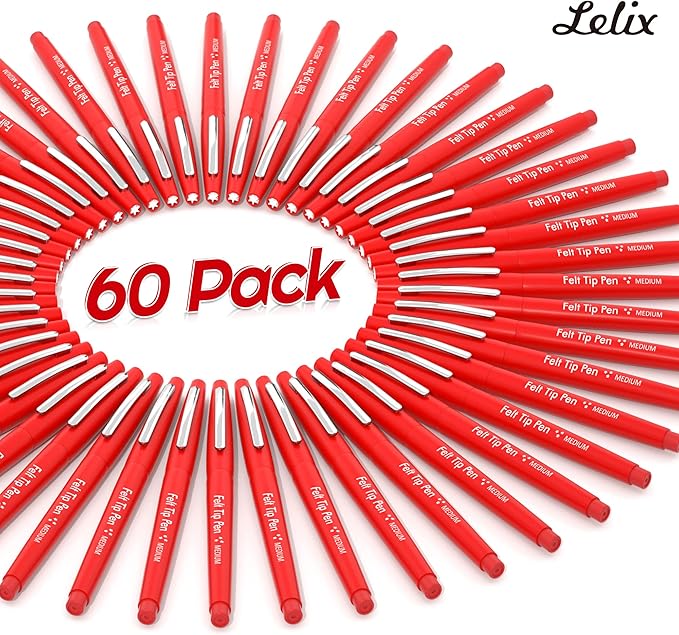 Lelix Felt Tip Pens, 60 Red Pack, 0.7mm Medium Point, Felt Tip Markers Pens for Journaling, Writing, Note Taking, Planner, Perfect for School Office and Art Supplies