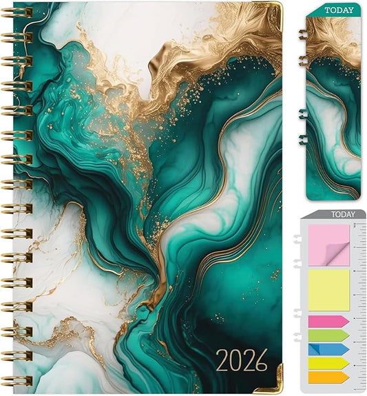HARDCOVER 2026 Planner, 5.5"x8": 14 Months (November 2025 - December 2026), Daily Weekly Monthly Planner, Yearly Agenda, Bookmark, Pocket Folder and Sticky Note Set (Teal Gold Marble)