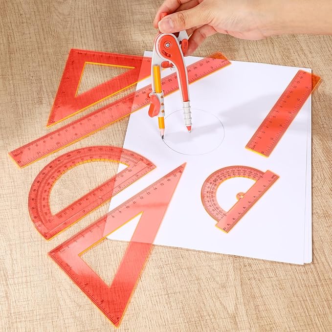 Zonon 1 Set Plastic Geometry Math Set 7 Pcs Includes 6'' / 4 '' Protractor, Drawing Compass, 45/60 Degree Triangle Rulers, 12'' / 6'' Math Ruler Transparent for Office Supplies(Orange)