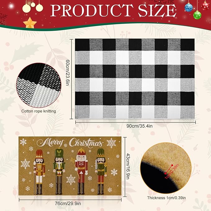 2 Pcs Christmas Welcome Doormats 30 x 17 Inch Christmas Nutcracker Coir Door Mats for Front Doors Nonslip 2-in-1 Seasonal Buffalo Plaid Rug for Holiday Outside Entrance Porch Home Decor