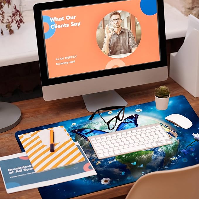 Desk Mat, Earth Surrounded by Flowers Desk Pad, Blue Butterfly Large Gaming Mouse Pad, 31.5"x15.7", Extended Big Computer Keyboard Mouse Pad with Non-Slip Base and Stitched Edge