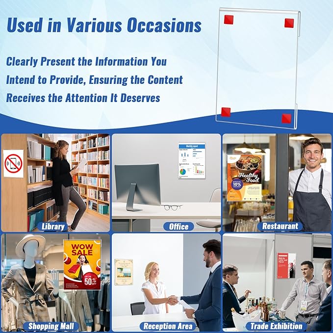 12 Pack Acrylic Sign Holder 8.5 x 11, Clear Plastic Wall Sign Holder with Adhesive Tape Wall Mount Display Stand Paper Holder for Menu, Office, Home, Store, Restaurant No Drilling Needed