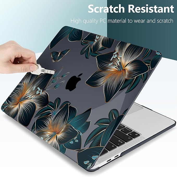 TWOLSKOO Compatible with MacBook Pro 13 inch Case 2023-2016 A2338 M2/M1 A2251 A2289 A2159 A1989 A1706, Plastic Hard Shell Cover & Keyboard Skin & Screen Protector - Golden Lilies