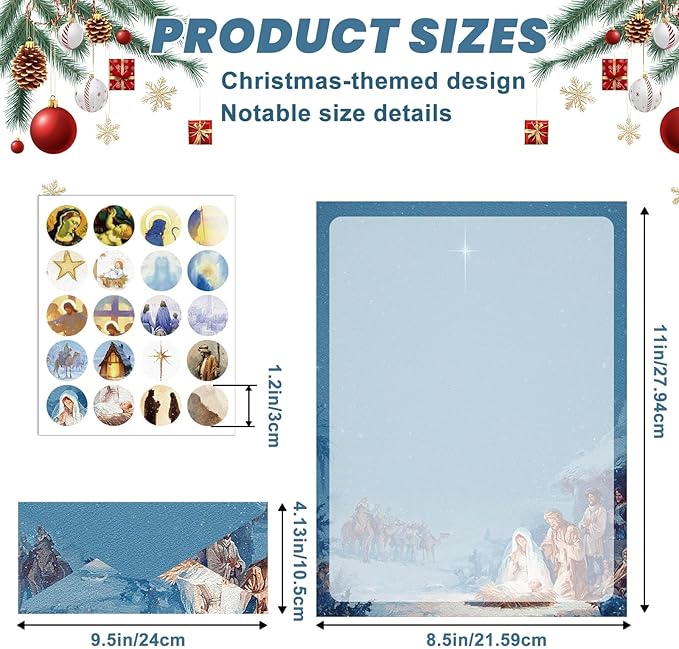 250Pcs Christmas Stationery Paper and Envelope Set with 100 Letterhead Papers and 50 Envelopes, 10 Design for Letter Writing Invitations Computer Holidays Party Notes, 8.5x11 Inch-Nativity