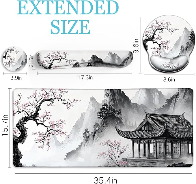 Japanese Ergonomic Mouse Pad Large Desk Mat Set, XXL Anime Mousepad with Wrist Rest, Wrist Support Gaming Keyboard Mat Cup Coaster Set, Japanese Style Office Desk Accessories Decor