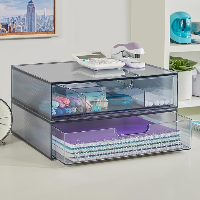 STORi STAX Plastic Stackable Organizer Drawers (Set of 2) Classic Grey | 12.5" Wide | Set Includes One Open Drawer & One Divided Drawer | Organize Office Desk Accessories & Sort Paper | Made in USA