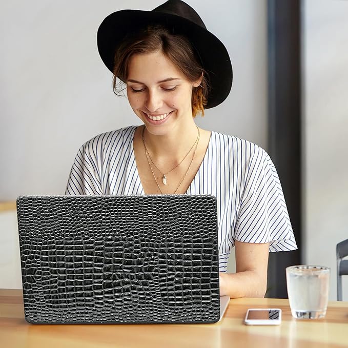 for MacBook Pro 14 inch Case 2025-2021 M5 M4 M3 M2 M1 A3434 A3112 A3185 A3401 A2918 A2992 A2779 A2442,Crocodile Textured Alligator Skin Print Leather Glossy Hardshell&Keyboard Cover Black