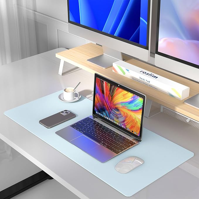 Leather Desk Pad Protector, Mouse Pad, Non-Slip Computer Mat for Desk, PU Leather Office Desk Mat for Home & Office, Waterproof Laptop Desk Blotter for Keyboard and Mouse, Baby Blue (15.7''X31.5'')