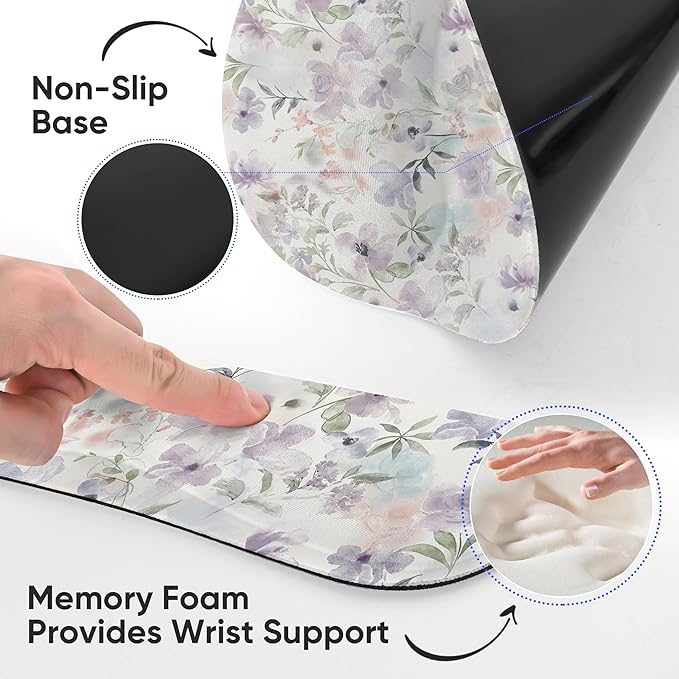 Ergonomic Keyboard Mouse Pad Wrist Rest Support Set for Laptop/Computer/Desktop,Memory Foam Hand Rest Wrist Cushion for Gaming/Office,Lightweight Comfortable & Pain Relief (Purple Flowers)
