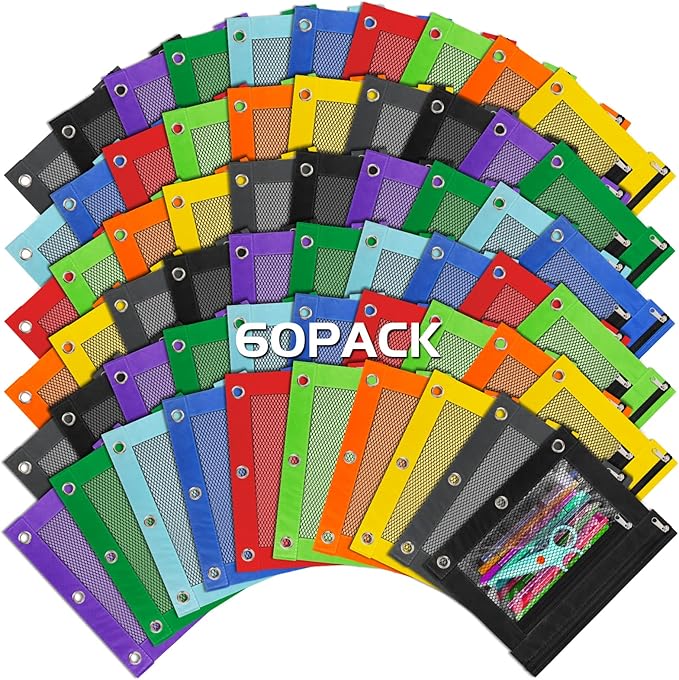 IKAYAS 60 Pack Pencil Pouch for 3 Ring Binder bulk Binder Pencil Pouch with Zipper, Pencil Pouches Pencil Bags for Classroom bulk Pencil Box Pencil Case for Storing School Students Teacher Supplies