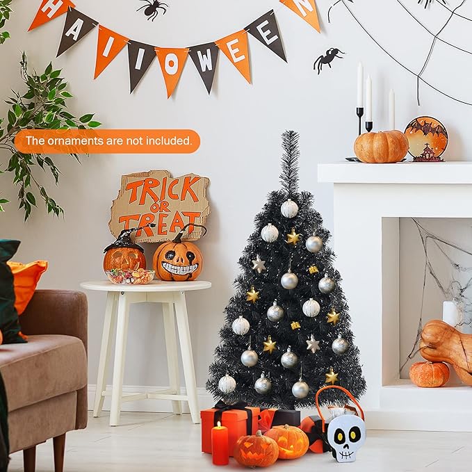 Happygrill 3FT Black Christmas Tree, Artificial Unlit Halloween Decoration Tree with 116 PVC Tips, Premium Small Xmas Tree for Home Office School Holiday Decoration