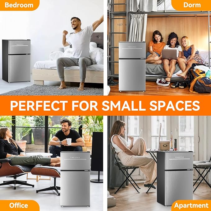Frestec Mini Fridge with Freezer 3.2 Cu.Ft. 2 Door Refrigerator and Freezer Small Fridge for Bedroom Home Office Dorm, Small Drink Chiller, 37 dB Low Noise, Stainless Steel
