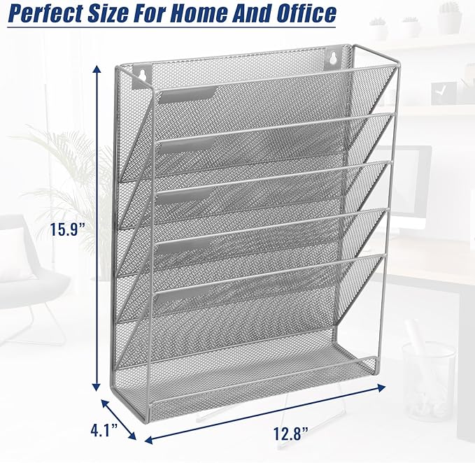 EASEPRES Desk File Organizer Mesh 6-Tier, Hanging Wall Mount Document Organization Stand, Desktop Vertical Mail Paper Folder Holder Rack with Bottom Tray for Office Home Cubicle Countertop, Gray