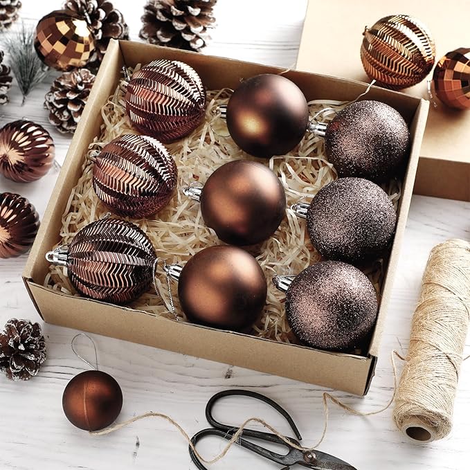 64 Pcs Neutral Brown Christmas Ball Ornaments Glitter Matte Brown Xmas Bulbs Ornaments 1.6/1.97/2.4 Inch Rustic Xmas Baubles Assorted Size Modern Christmas Decoration for Tree Home Indoor Decor