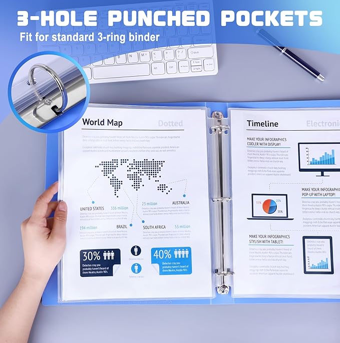 Antner 30 Pack Letter Size Binder Pockets for 3 Ring Binder, Waterproof Resealable Zip Loose Leaf File Bags Document Organizer Folders Insert Page Sleeves PVC 3-Hole Sheet Protectors for 8.5x11 Paper