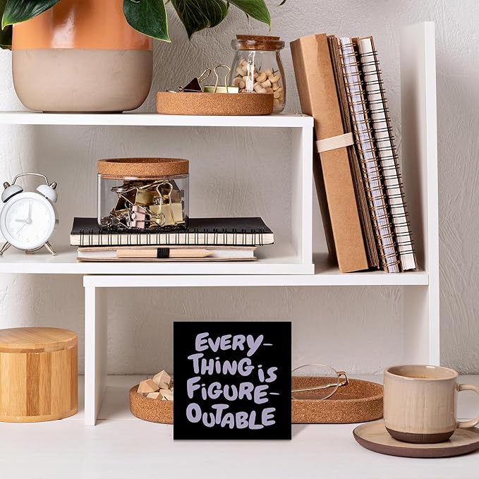 Inspirational Black Purple Office Decor, Every Thing is Figure Outable Motivational Office Accessories Wooden Box Sign, Inspirational Gifts for Women, Men Wall Desk Shelf Tabletop Decoration 5x5In