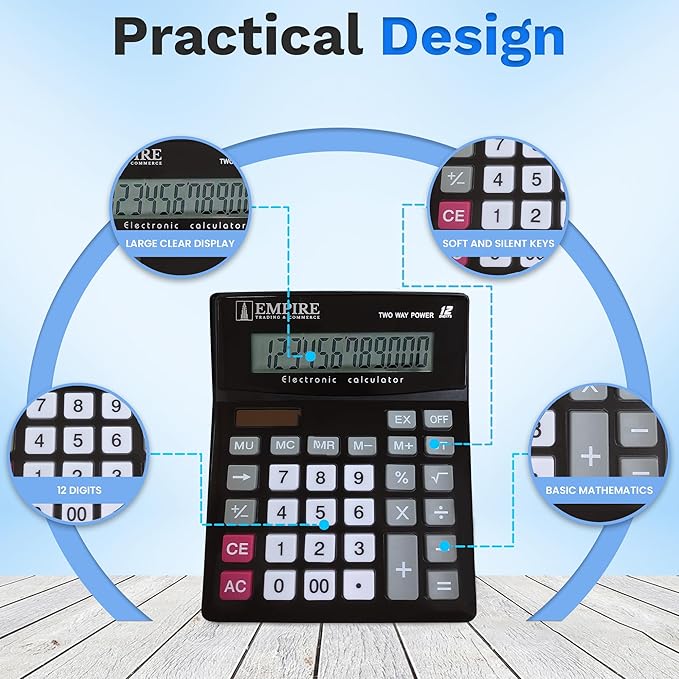 Empire Desk Calculator with Large Key Buttons, 12 Digits, Large Eye-Angled Display, Solar and Battery Powered for Home and Office (Battery Included)