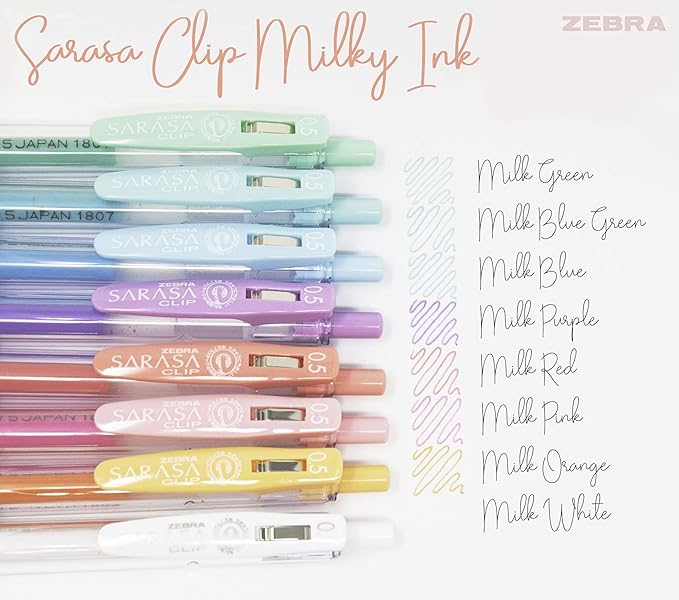 Zebra Pen Sarasa Clip Retractable Gel Pen, 0.5mm Fine Point, Assorted Milk Colors, Ideal for School Supplies and Teacher Supplies, 8-Pack (48908)