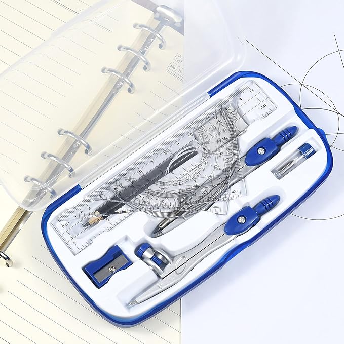 Math Geometry Kit Sets 10 Piece Student Supplies with Shatterproof Storage Box,Includes Rulers,Protractor,Compass,Eraser,Pencil Sharpener,Lead Refills,Pencil,for Drafting（Navy Blue）