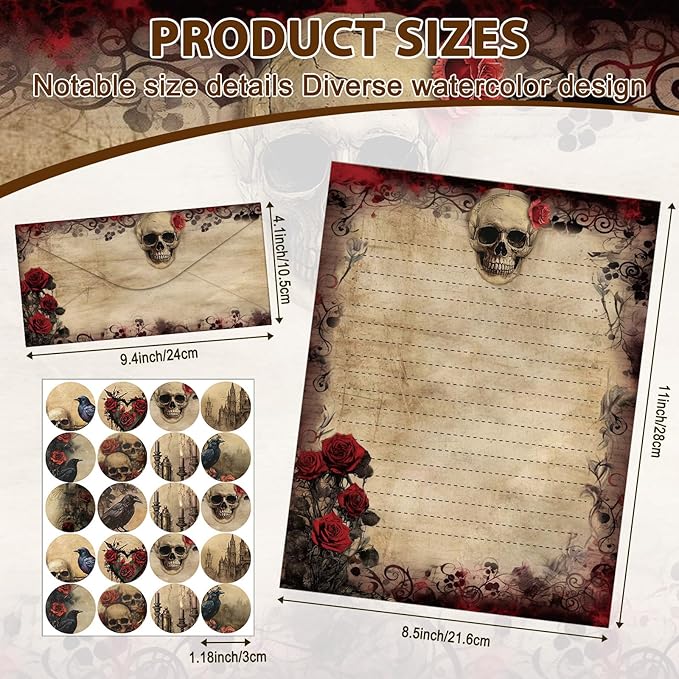 TaoBary 160 Pcs Stationery Paper Set 50 Double Sided Stationery Papers with 50 Matching Envelopes and 60 Round Dot Sticker, 10 Design(Gothic Style,8.5 x 11 Inch)