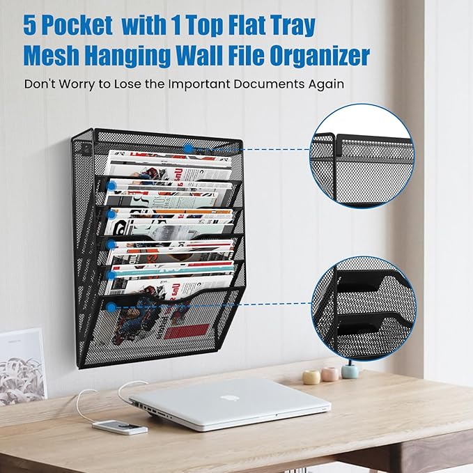 6 Tier Wall File Organizer Hanging Vertical File Organizer, Wall Mounted Mail Paper Document Folder Holder, Mesh Magazine Rack Mail Document Organizer for Office School Home(Black)