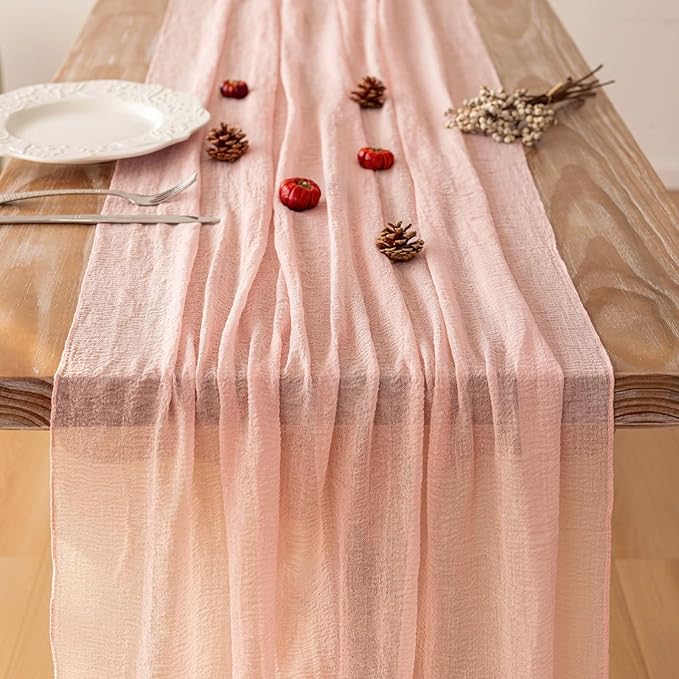 10pcs Blush Pink Gauze Rustic Cheesecloth Table Runner 120 Inch 10 FT for Wedding Baby Shower Bridal Shower Birthday Engagement Garden Outdoor Party Long Sheer Boho Decorations