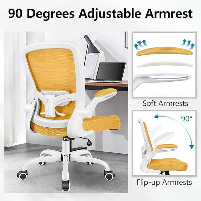 FelixKing Office Chair, Ergonomic Desk Chair Breathable Mesh Chairs with Adjustable High Back Lumbar Support Flip-up Armrests, Executive Swivel Comfy Task Computer Chairs for Home Office Yellow