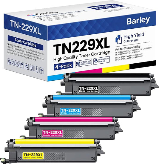 TN229XL TN229 Toner Cartridges 4 Pack High Yield Compatible TN229XL TN229 Replacement for Brother TN229XL TN-229XL TN229 XL HL-L3220CDW MFC-L3765CDW MFC-L3780CDW Printer.