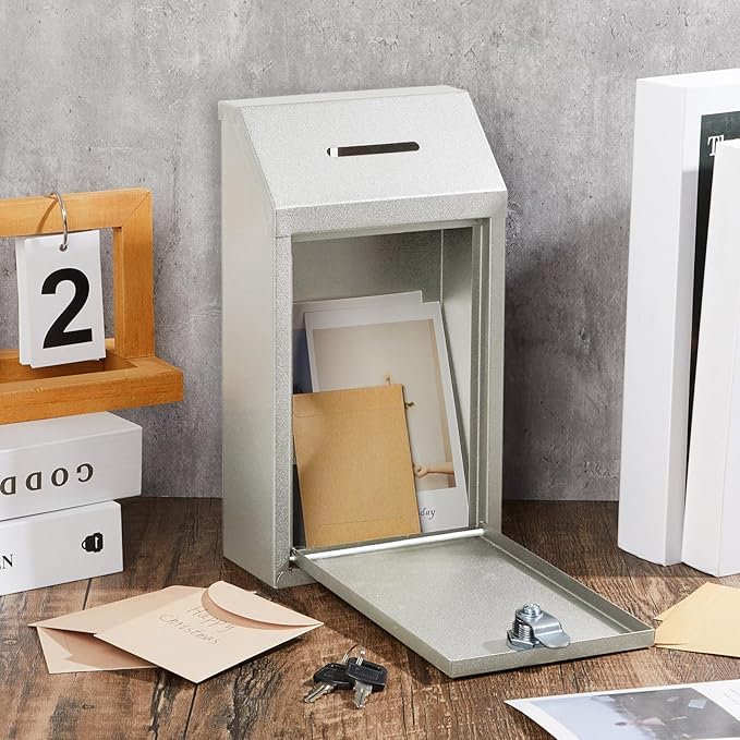 Metal Donation Cash Box Collection Safe Suggestion Box with Lock Wall Mounted Mailbox Delivery Ballot Container for Home Office Outdoor Door