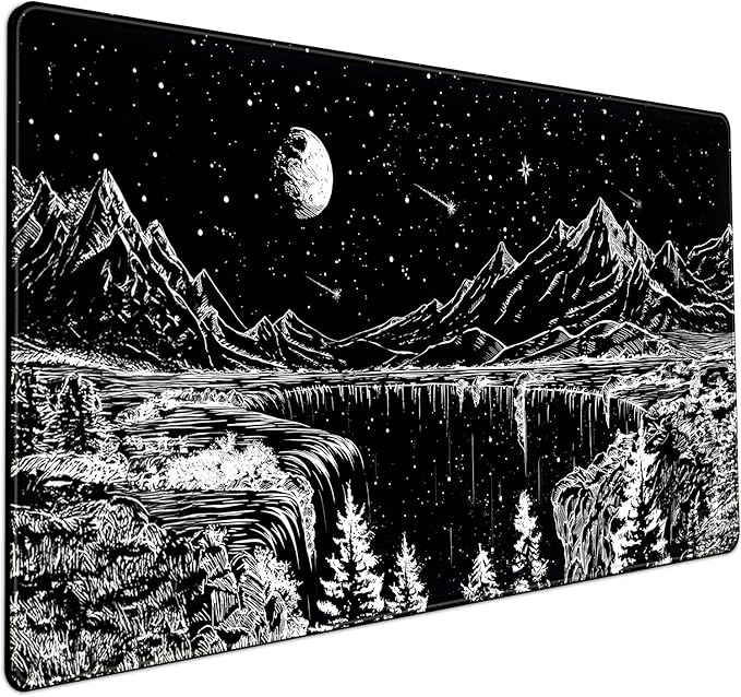 Black and White Desk Mat Dark Nature Forest Mouse pad XXL Starry Night Mountain Desk pad Aesthetic Moon and Stars Mousepad XXL for Laptop Computer Mouse Gaming Keyboard Mat, 31.5 X 15.8 in