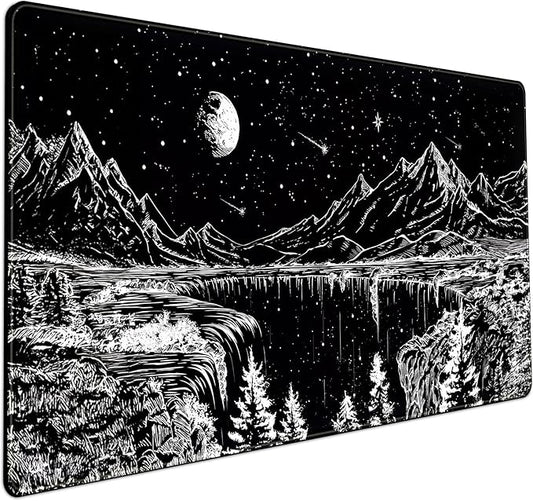Black and White Desk Mat Dark Nature Forest Mouse pad XXL Starry Night Mountain Desk pad Aesthetic Moon and Stars Mousepad XXL for Laptop Computer Mouse Gaming Keyboard Mat, 31.5 X 15.8 in