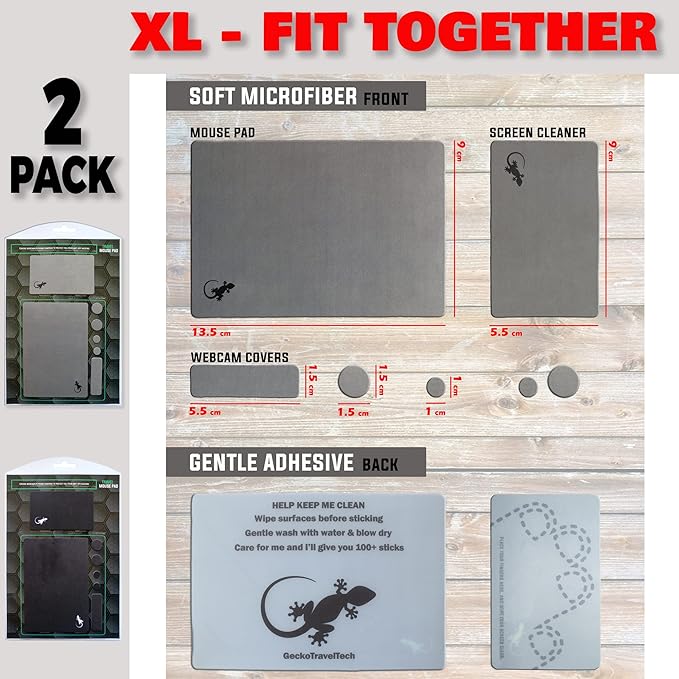 Mouse Pad Adhesive Bottom - Sticks to Any Surface - Portable - Webcam Covers and Screen Cleaner Included (2 x Black - Gray)