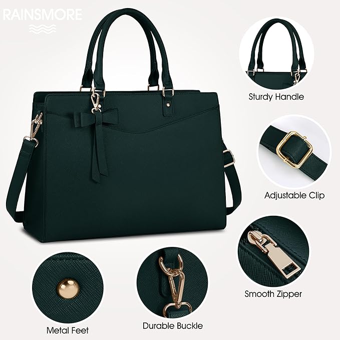 RAINSMORE Laptop Bag for Women 15.6 Inch PU Tote Bag Business Work Bag Waterproof Briefcase Computer Tote Lightweight Handbag Shoulder, Dark Green