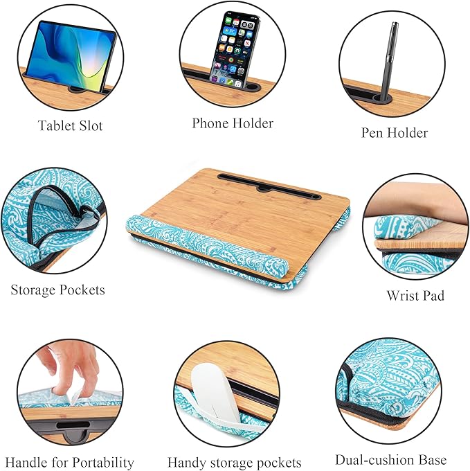 Lap Desk,Fits up to 15.6 inch Laptop Bed Table Computer with Soft Pillow and Storage Bag,Gaming Tray and Writing Tray on Bed for Home Office(2-Beige)