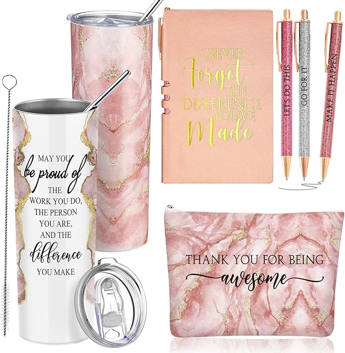 Domensi 6 Pcs Employee Appreciation Gift Set for Women Female Thank You Gift May You Be Proud 20 oz Rustic Marble Sign Tumbler Makeup Bag Journal for Teacher Nurse Lady Work Business(Pink)