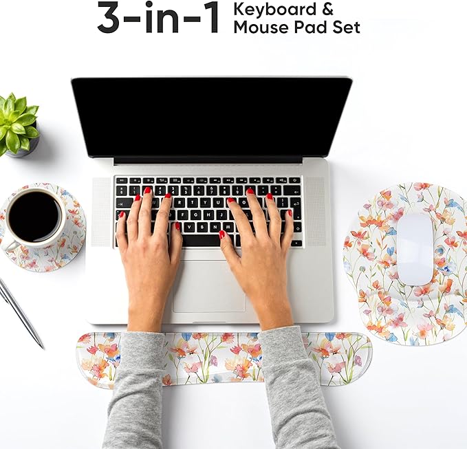 RICHEN 3 PCS Computer Mouse Pads for Desk with Coaster Set, Non-Slip Keyboard Wrist Rest and Mouse Pad Set, Ergonomic Design (YKMWR-52)