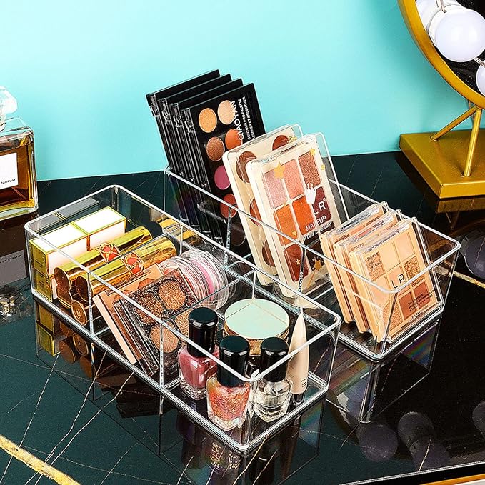 JessLab Acrylic Organizer, 2PK Cube Sections Makeup Organizer for Drawer, Makeup Organizer for Vanity, Countertop, Bathroom, Kitchen and Cabinet Storage(3+3 Compartment)