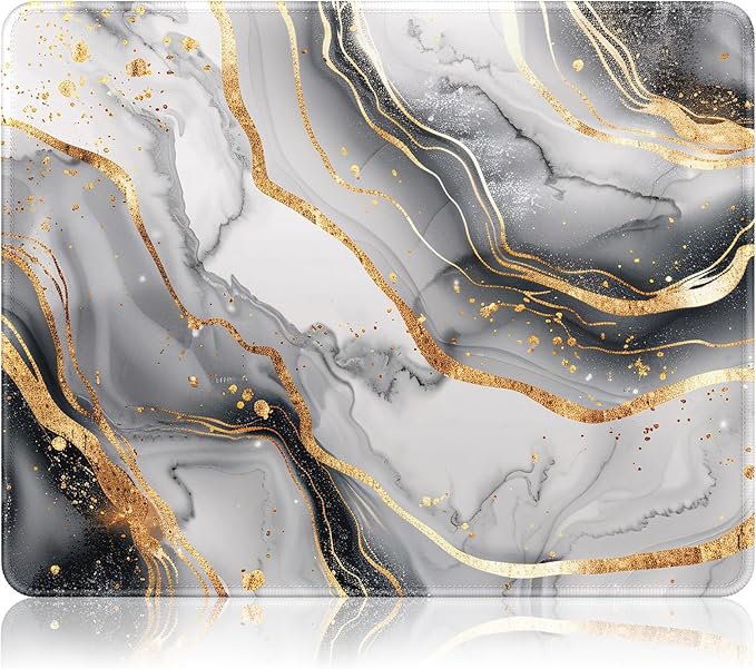 Auhoahsil Mouse Pad, 12 x 10 in Luxury Marble Theme Computer Mouse Pad for Desk, Premium-Textured Non-Slip Rubber Stitched Edges Waterproof Square Mouse Mat for Gaming Work Wireless Mice, Gray Gold