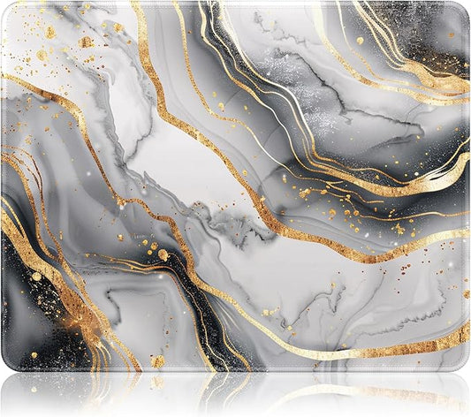 Auhoahsil Mouse Pad, 12 x 10 in Luxury Marble Theme Computer Mouse Pad for Desk, Premium-Textured Non-Slip Rubber Stitched Edges Waterproof Square Mouse Mat for Gaming Work Wireless Mice, Gray Gold