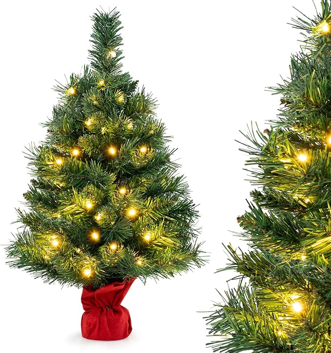 HAPPYGRILL 2FT Small Prelit Christmas Tree, Mini Tabletop Battery Operated Artificial Xmas Tree w/35 LED Lights, 71 Tips & Solid Cement Base, Christmas Spruce Fir Decoration for Fireplace Home Office