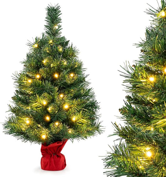 HAPPYGRILL 2FT Small Prelit Christmas Tree, Mini Tabletop Battery Operated Artificial Xmas Tree w/35 LED Lights, 71 Tips & Solid Cement Base, Christmas Spruce Fir Decoration for Fireplace Home Office